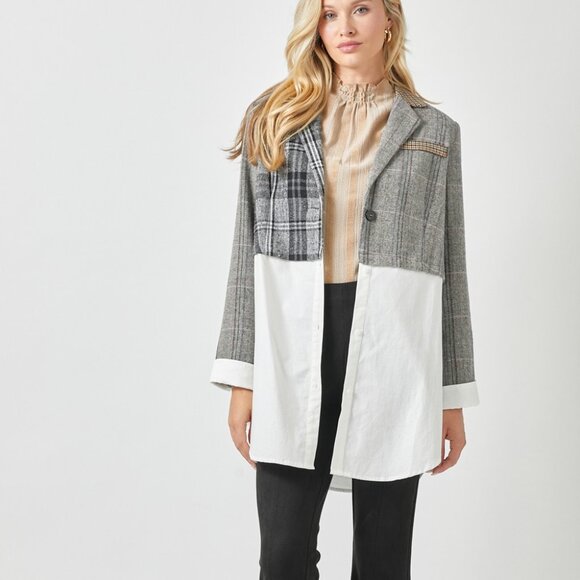 MYSTREE Grey Plaid Contrast Blazer Shirt Combo, Mixed Media Layered Button Down - Picture 7 of 8